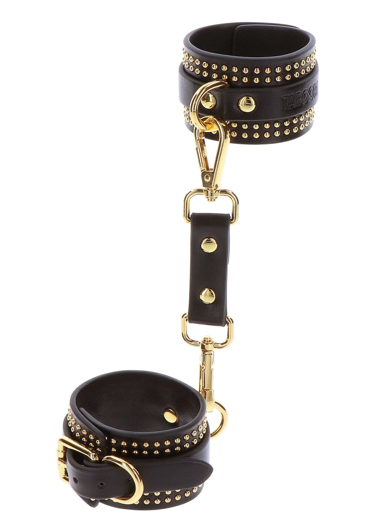 Zwarte studded enkelsboeien met gouden studs en karabijnhaken