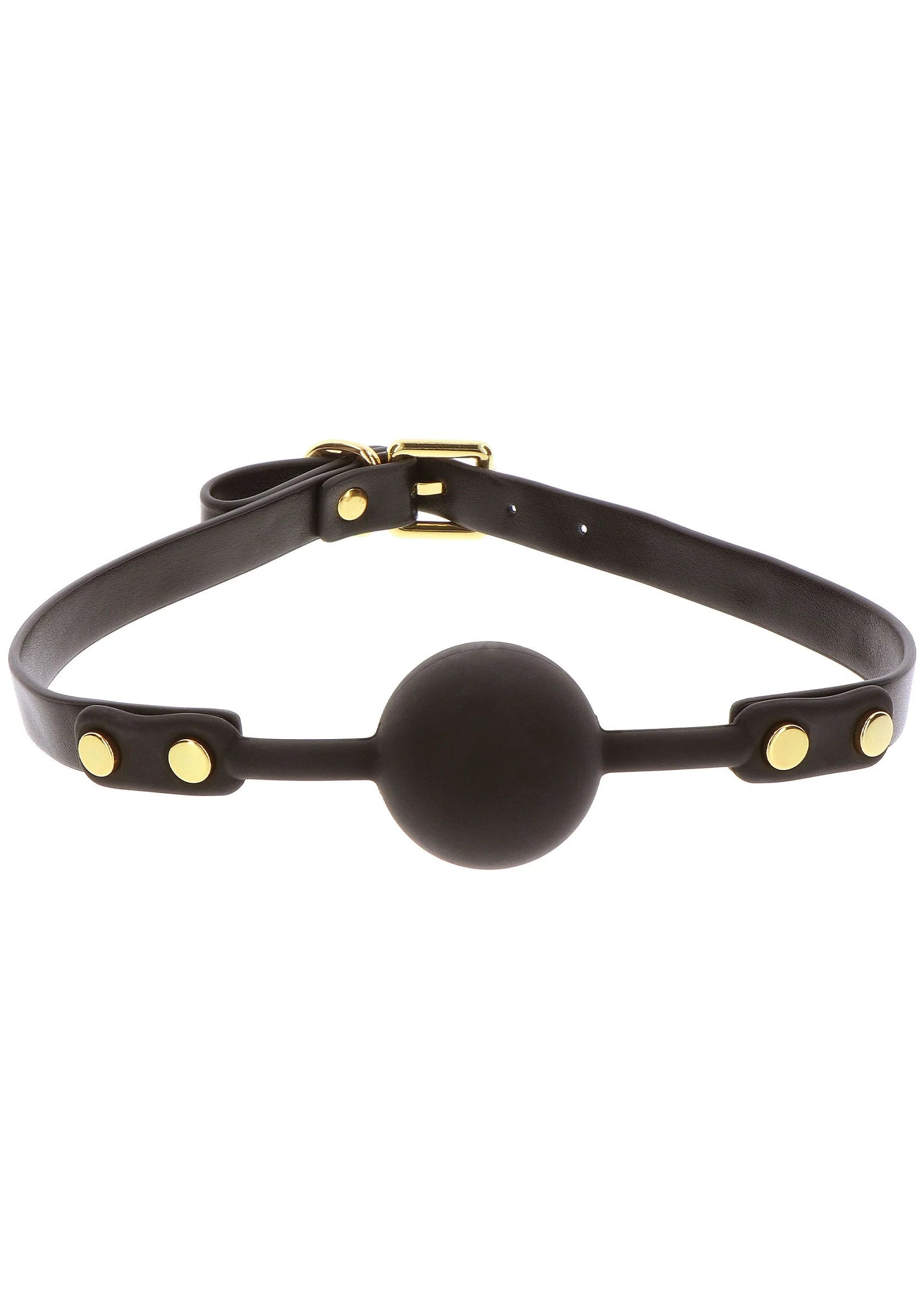 Zwarte ball gag met ronde bal en riem met gouden studs en ringen