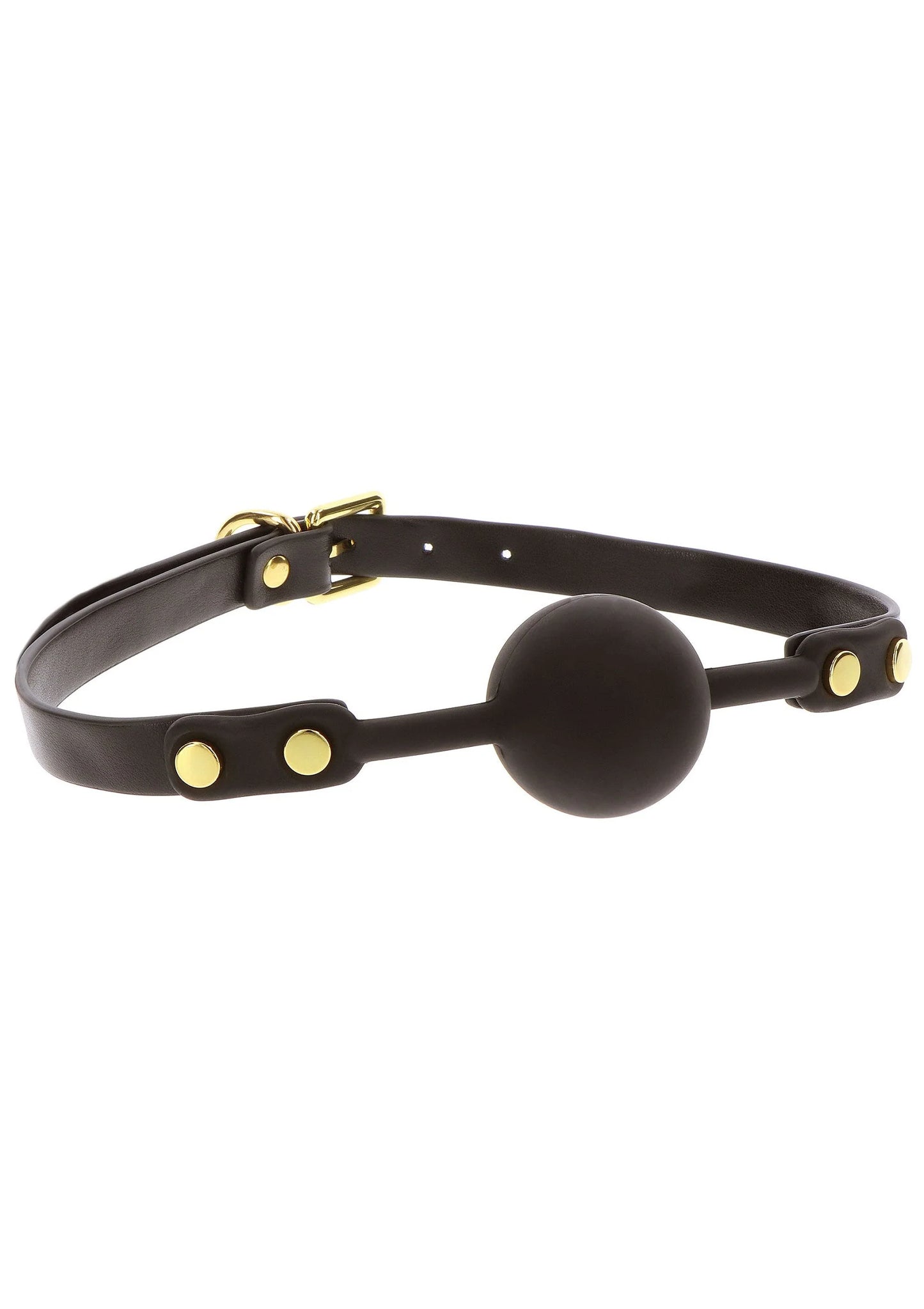 Zwarte ball gag met centrale ronde bal en verstelbare riem met gouden studs