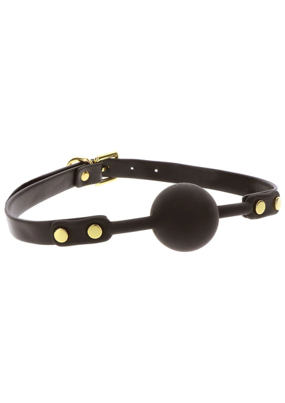 Zwarte ball gag met centrale ronde bal en verstelbare riem met gouden studs