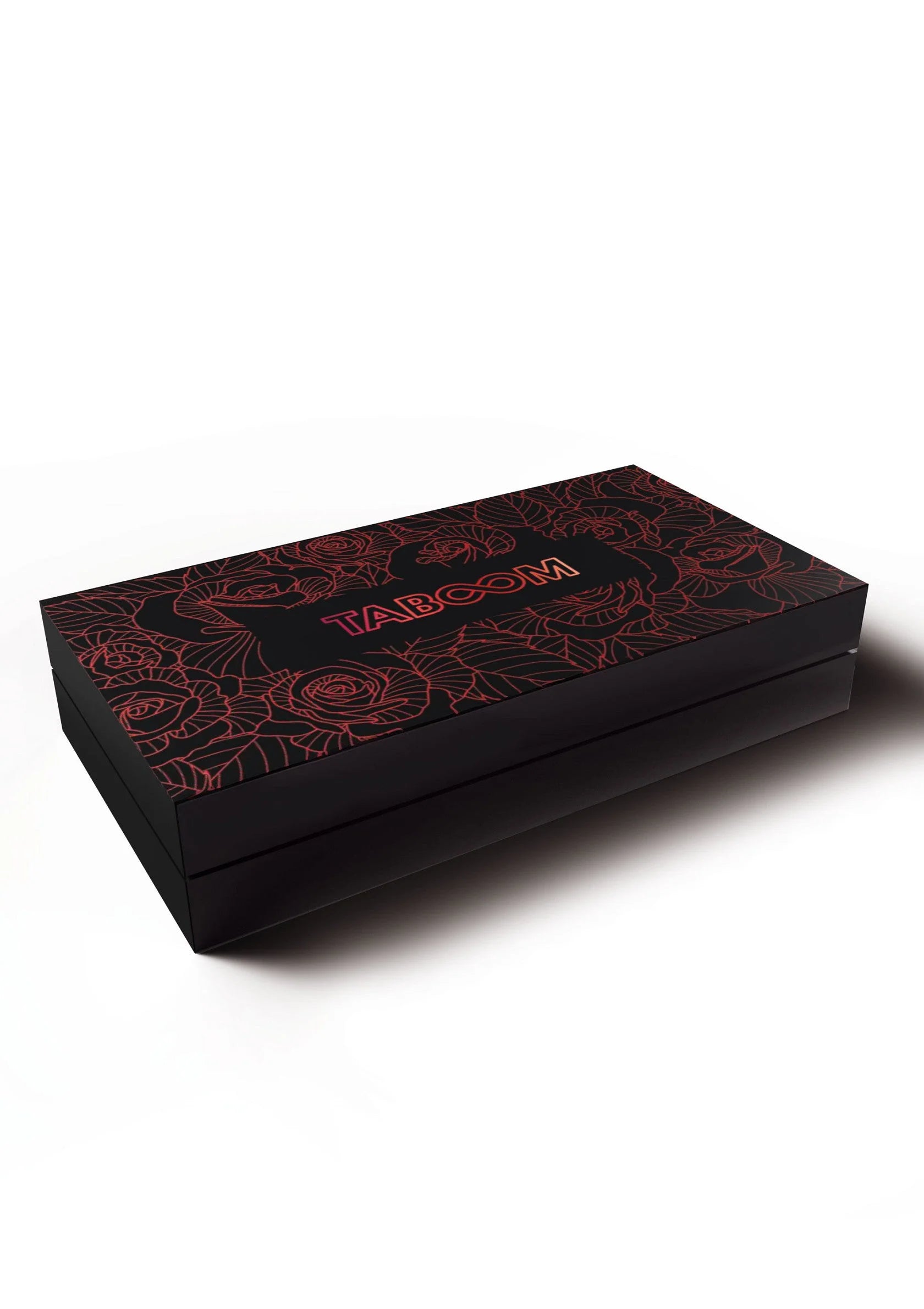 Zwarte doos met rood rozenpatroon en Taboom-stempel op het deksel