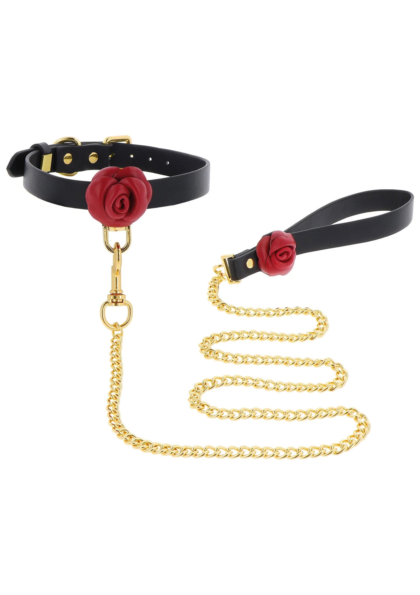 Platliggend setje: zwarte halsband met rode roos en goudkleurige kettingleiband