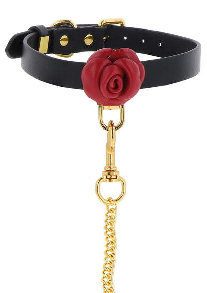 Zwarte halsband met rode roos en gouden ketting; metalen ring en gesp.
