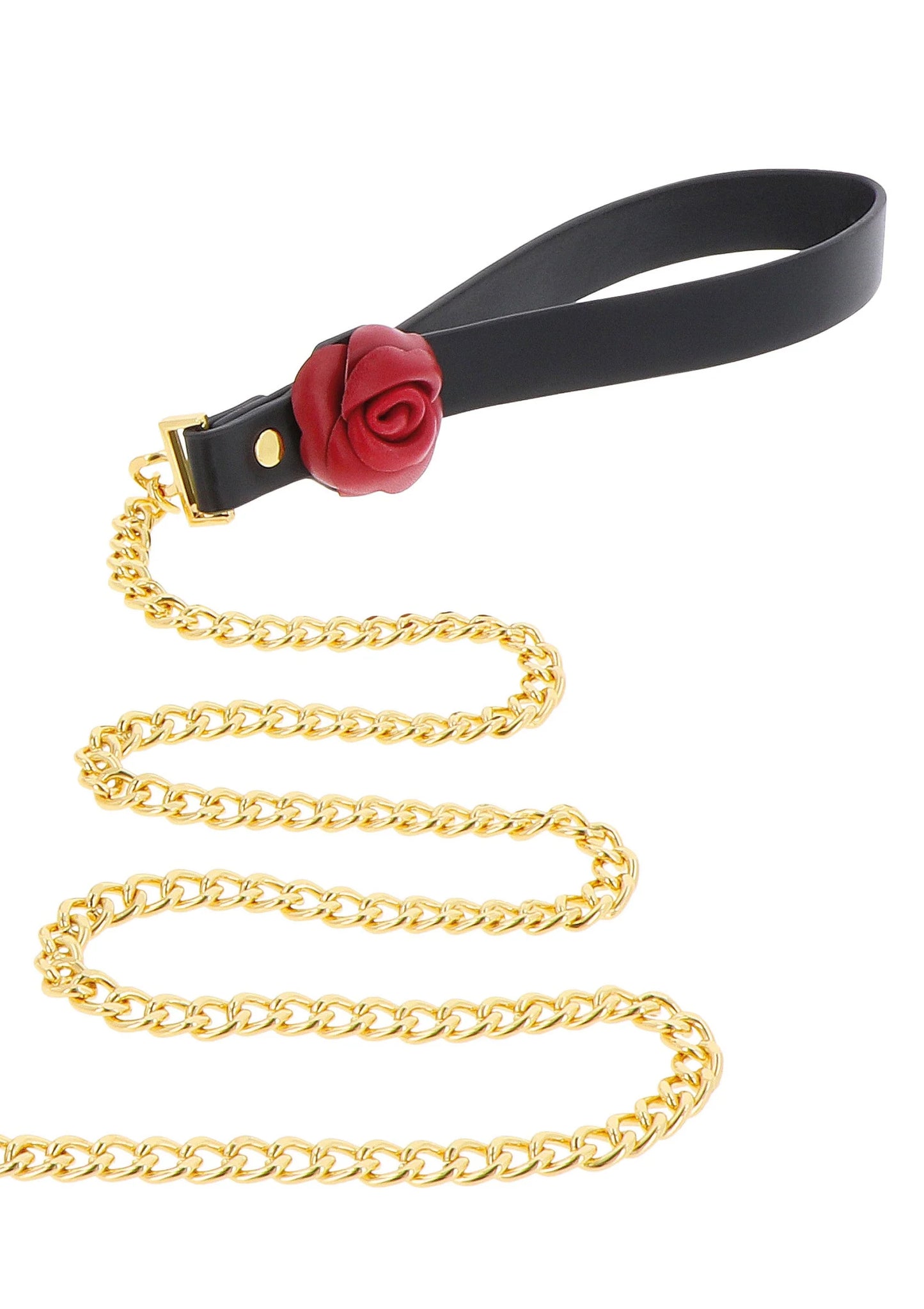 Zwarte halsband met rode roos en gouden kettingriem, met haak en ketting.