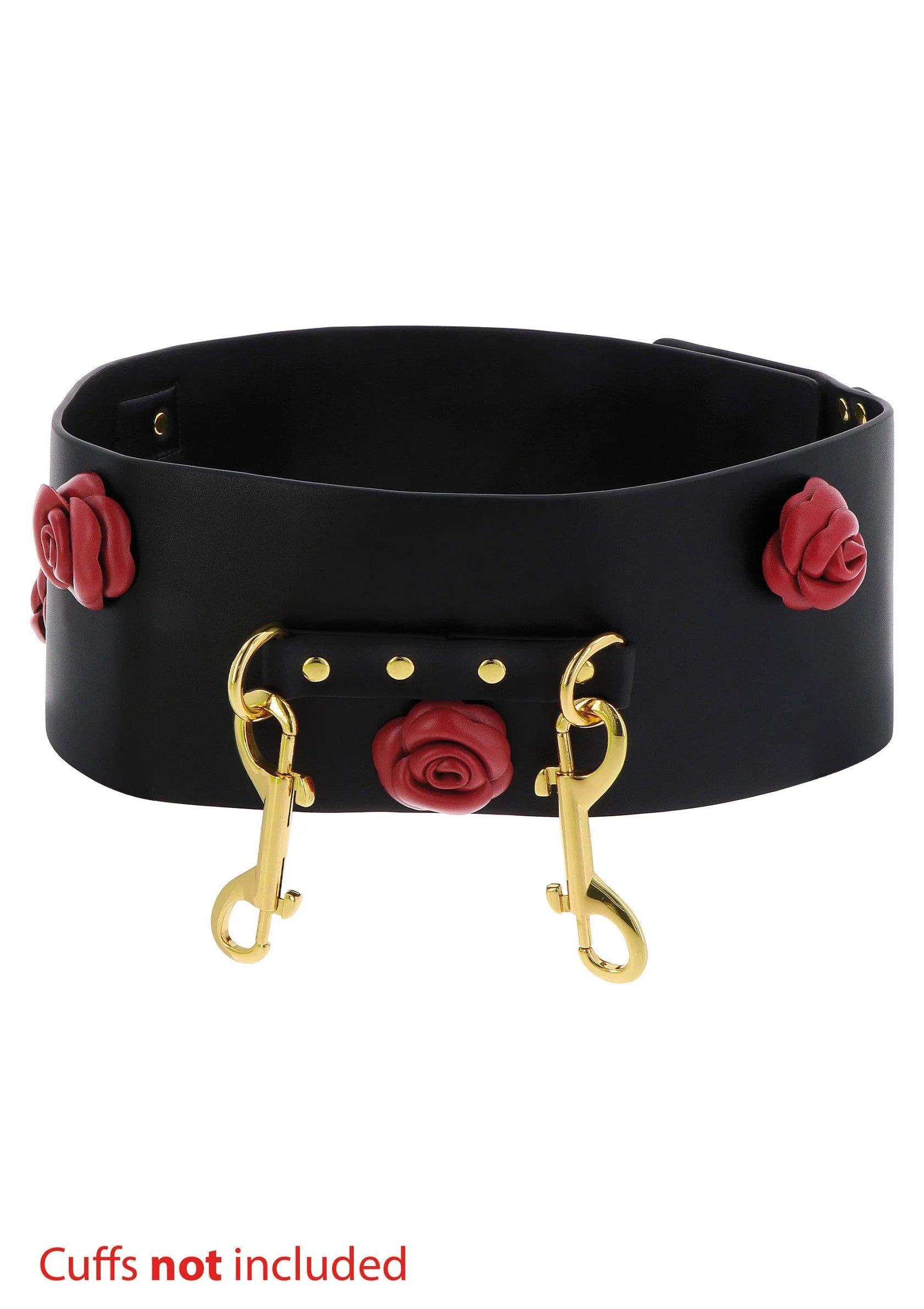 Close-up zwarte bondage riem met rode rozen en gouden haken; boeien niet inbegrepen