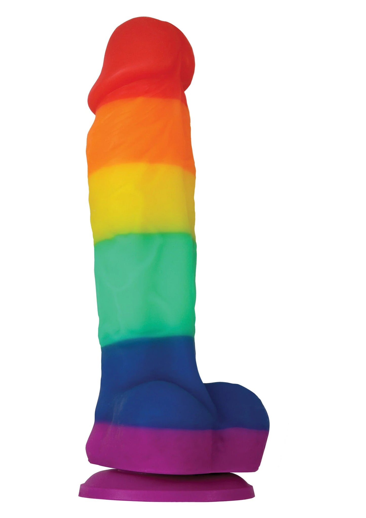 Regenboogkleurige siliconen dildo met afgeronde kop en platte voet