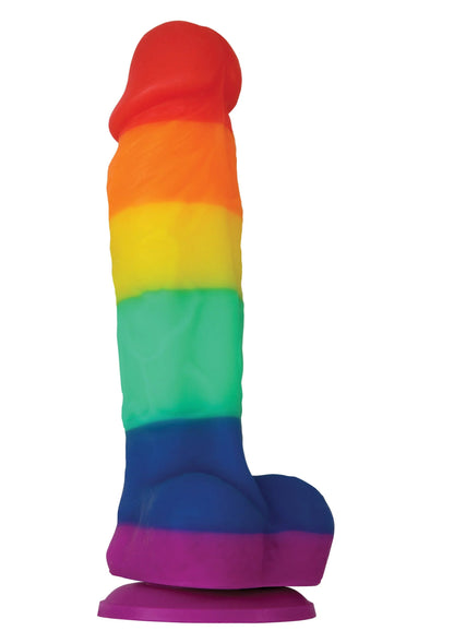 Regenboogkleurige siliconen dildo met afgeronde kop en platte voet