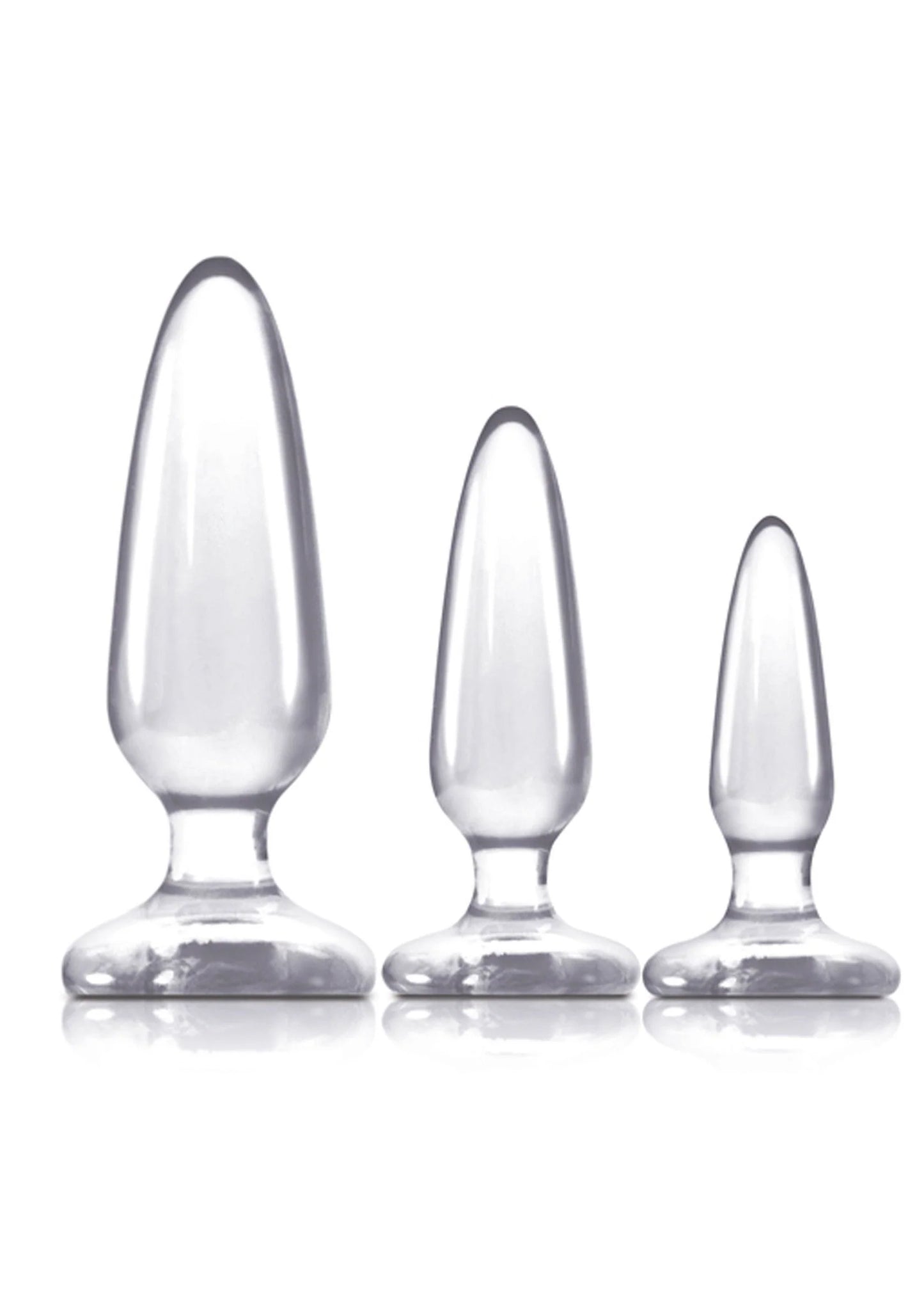 Set van 3 transparante anale pleasure plugs, close-up op brede voet