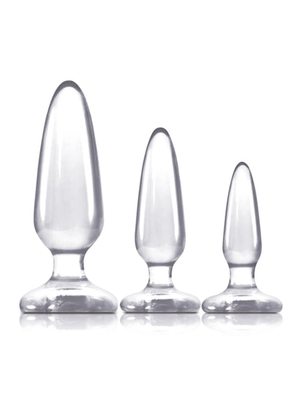 Set van 3 transparante anale pleasure plugs, close-up op brede voet