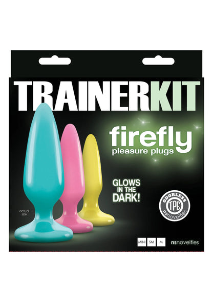 Trainerkit in verpakking met drie plezierplugs: gloeien in het donker, turquoise, roze, geel