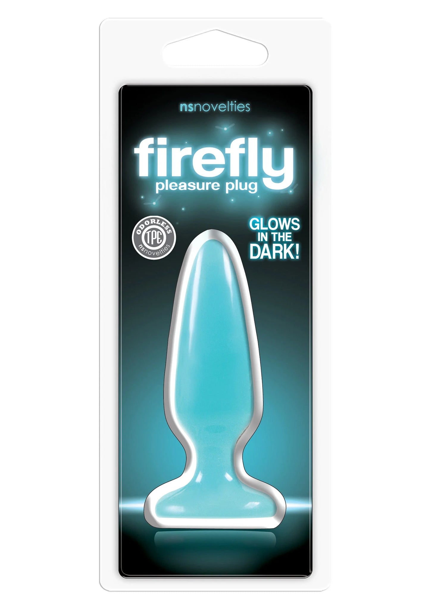 Blauwe Firefly pleasure plug met kraagvormige voet in verpakking