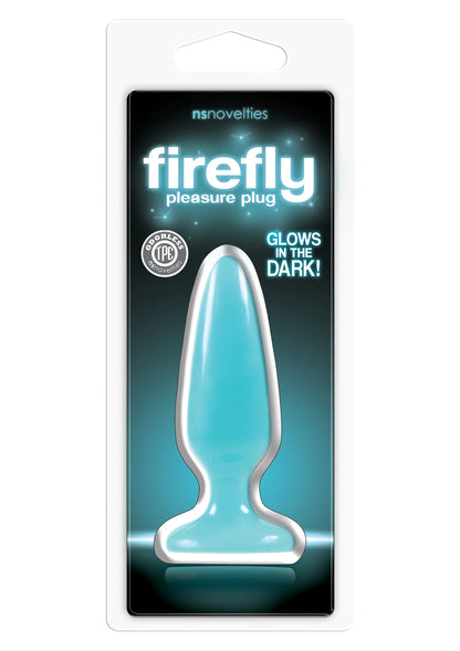 Blauwe Firefly pleasure plug met kraagvormige voet in verpakking