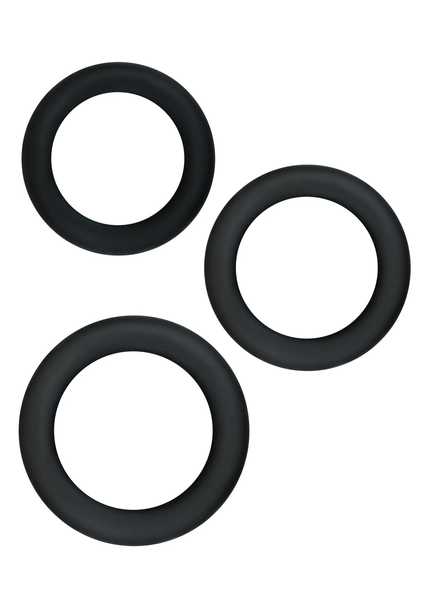 Drie zwarte silicone ringen, losse ronde open vormen voor verstelbare pasvorm