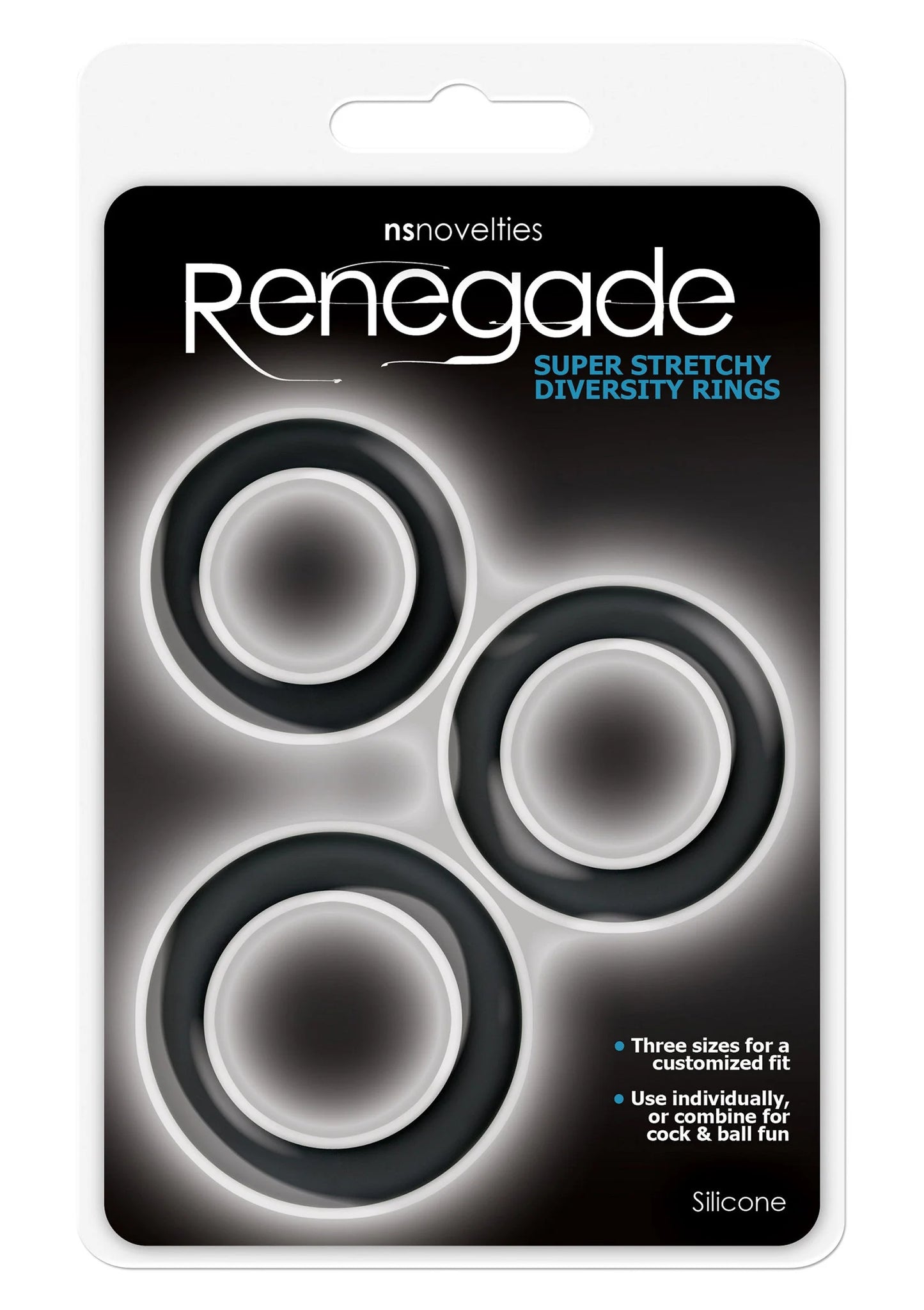 Verpakkingskaart met NS Novelties Renegade diversiteitsringen van silicone, drie stuks