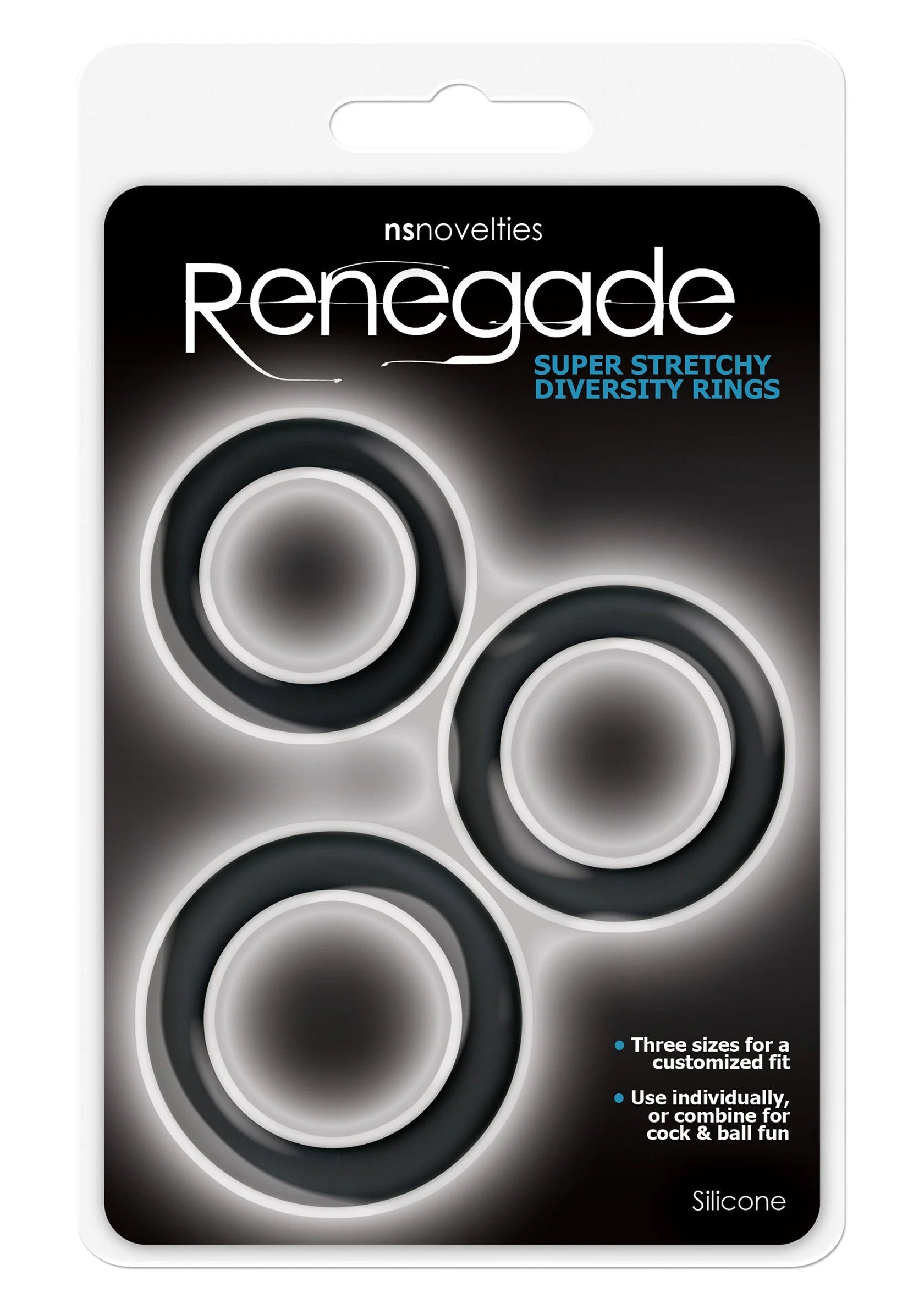Verpakkingskaart met NS Novelties Renegade diversiteitsringen van silicone, drie stuks