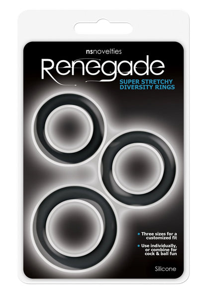 Verpakkingskaart met NS Novelties Renegade diversiteitsringen van silicone, drie stuks