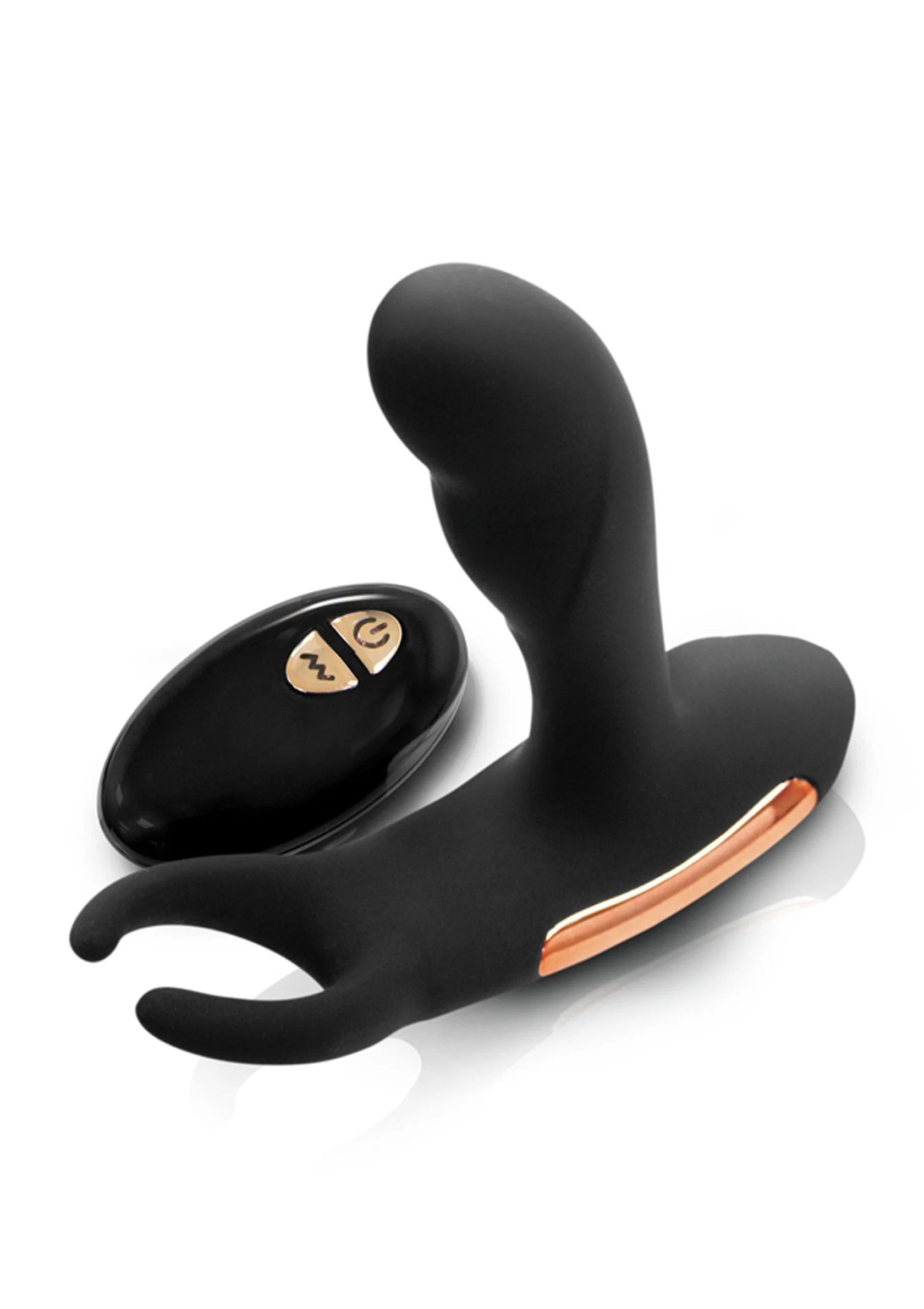 Zwarte siliconen prostate massager met ovale bediening en koperen inzet, schuin