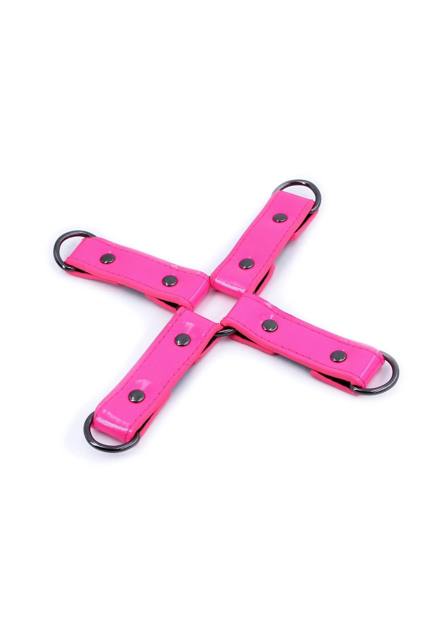 Roze hogtie riemen met gekruiste banden en metalen D-ringen