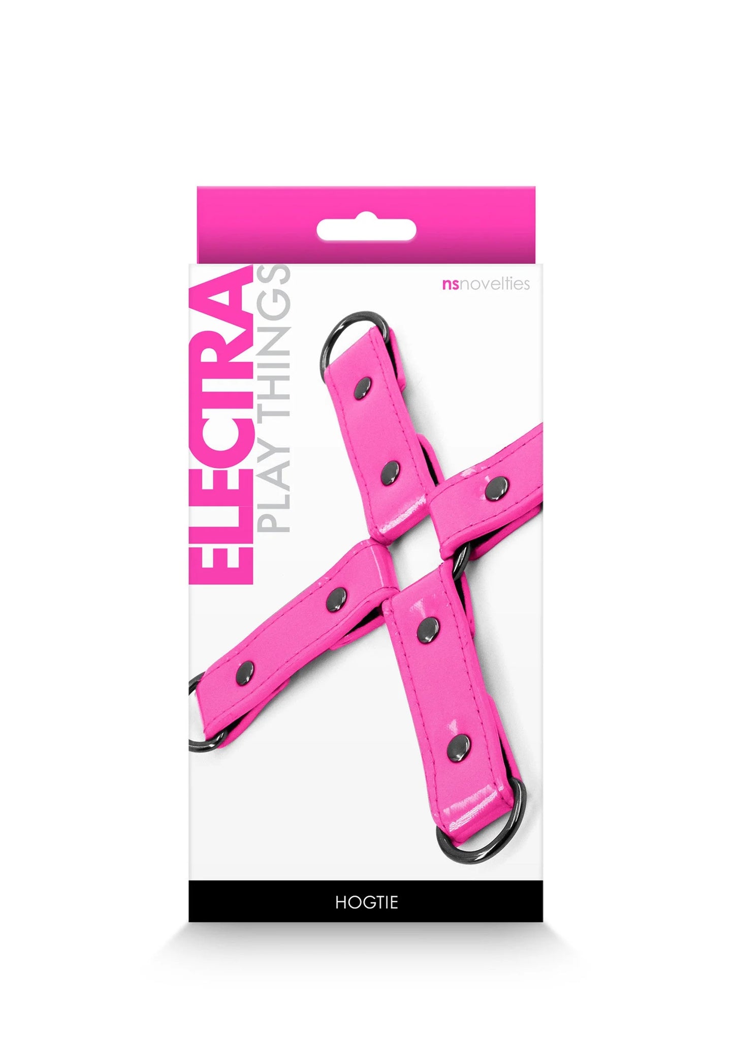 Roze hogtie-harnas in verpakking van NS Novelties, met metalen ringen
