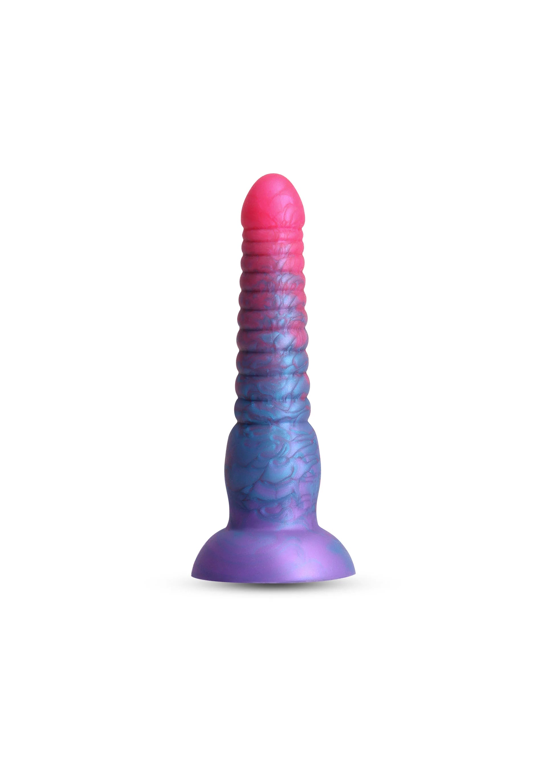 Gestapelde dildo van 15 cm met ribbels en brede voet, rood-paars-blauw