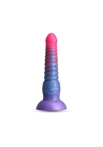 Gestapelde dildo van 15 cm met ribbels en brede voet, rood-paars-blauw
