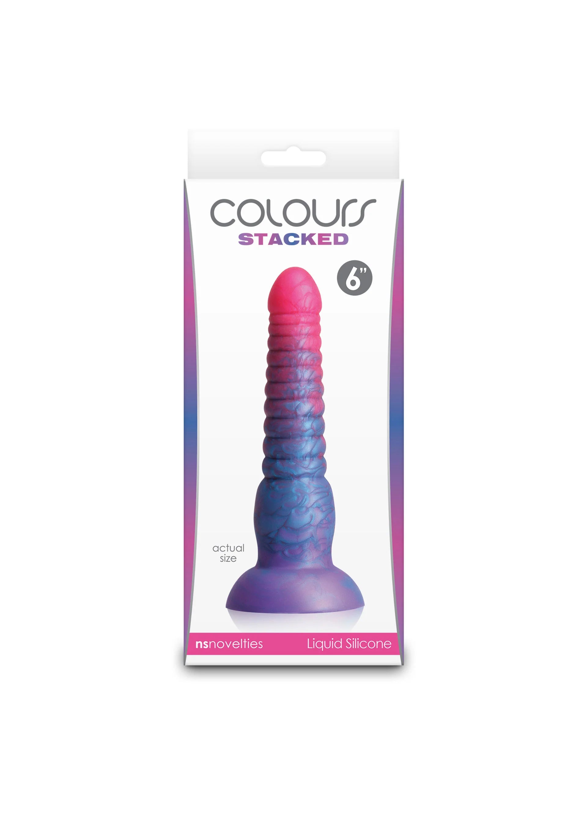 Verpakking van COCOURS Stacked dildo met paarse tint en brede voet, Liquid Silicone