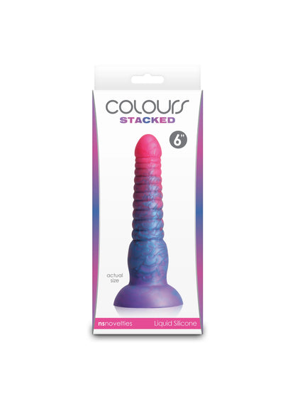 Verpakking van COCOURS Stacked dildo met paarse tint en brede voet, Liquid Silicone