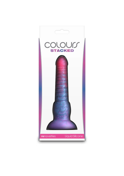 Verpakking met COCOURS Stacked dildo in donkerblauw-paars met brede voet, Liquid Silicone