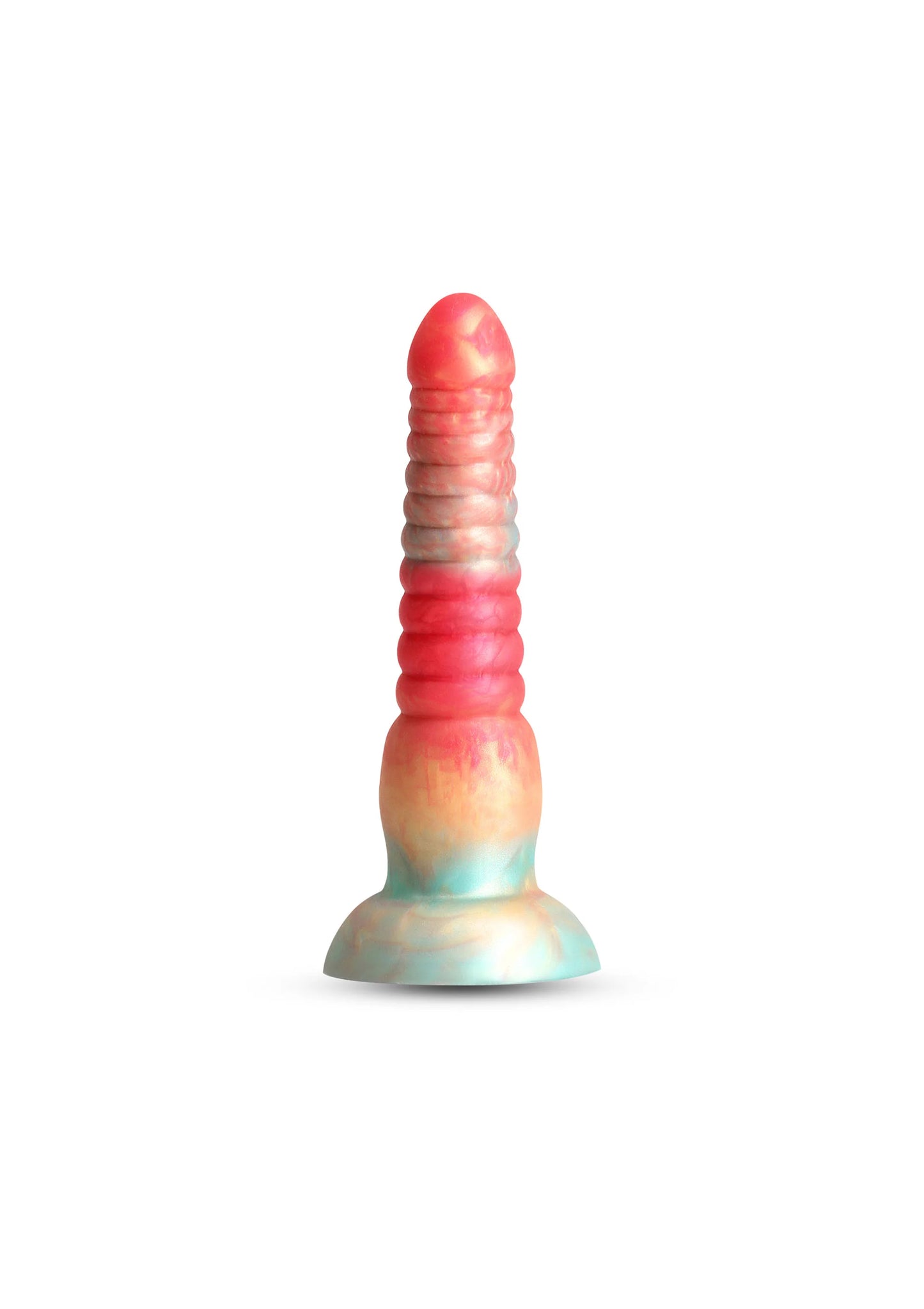 Rode gestreepte dildo met brede voet en regenboogkleuren aan de onderkant