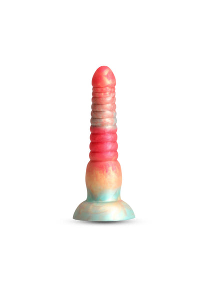 Rode gestreepte dildo met brede voet en regenboogkleuren aan de onderkant