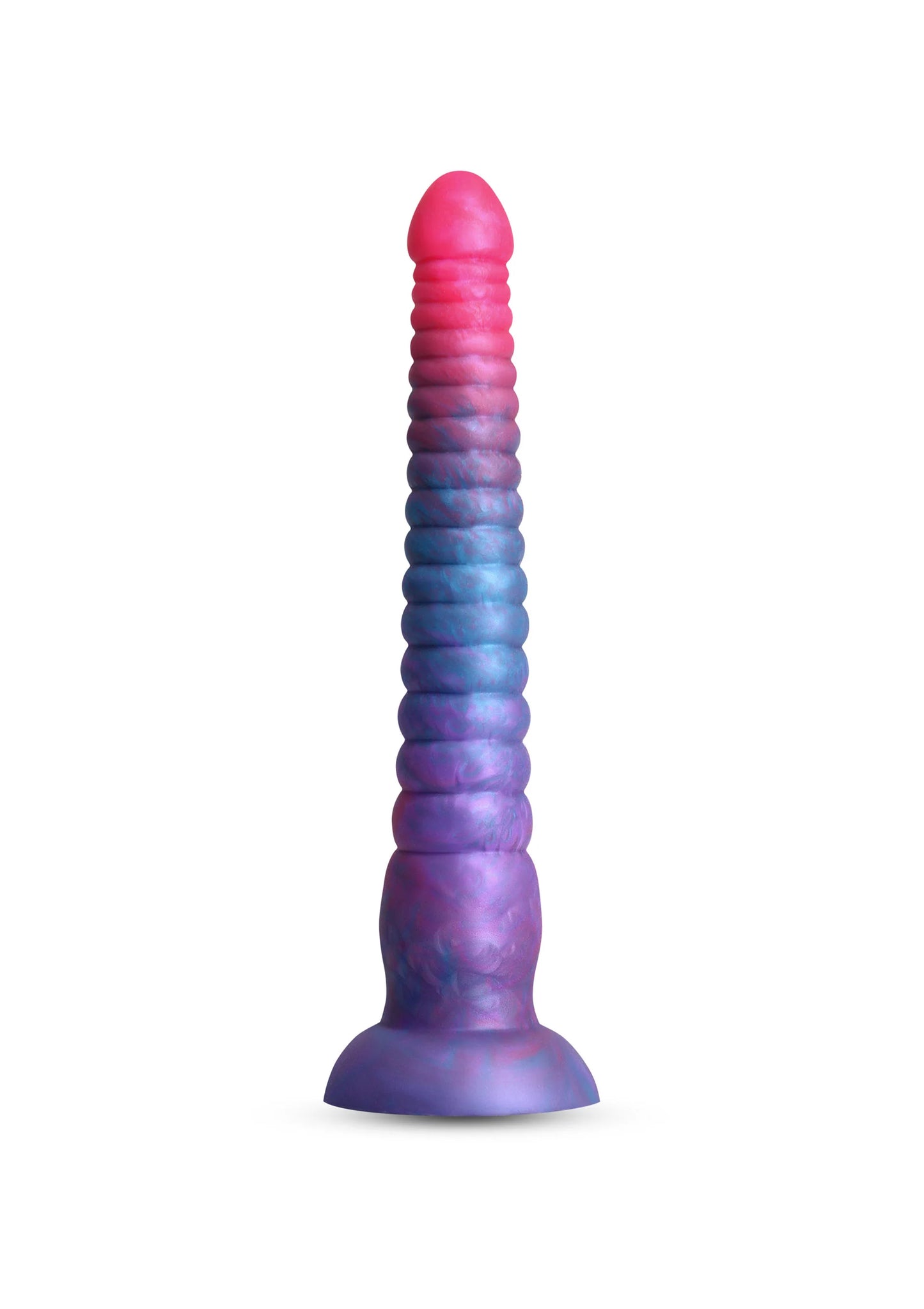Gekleurde dildo met brede voet en geribbelde schacht; roze naar blauw-paars.
