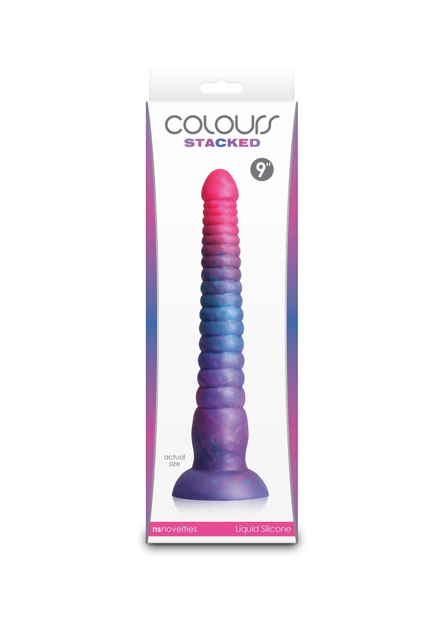 Verpakte dildo met geribbelde schacht en brede voet; roze naar blauw-paars verloop.