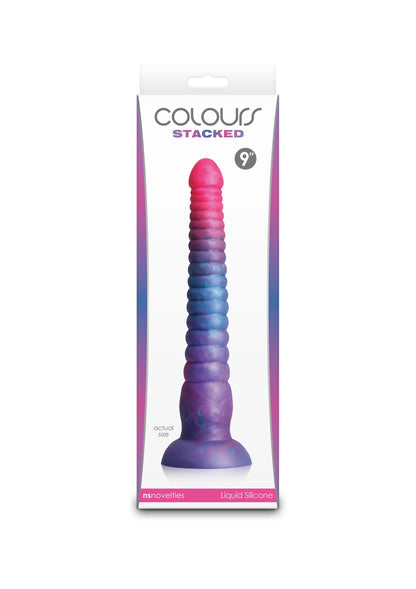 Verpakte gelaagde siliconen dildo in blauw en donkerpaars, geribbelde steel, brede basis