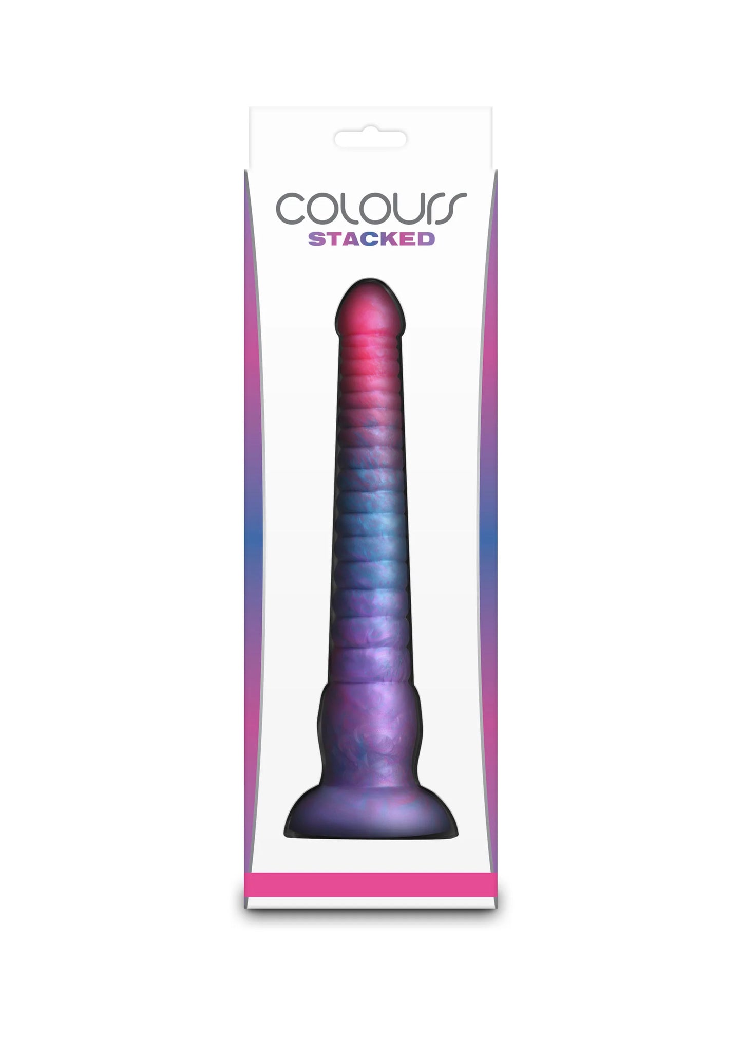 Verpakte gelaagde siliconen dildo in donkerpaars, geribbelde steel, brede basis