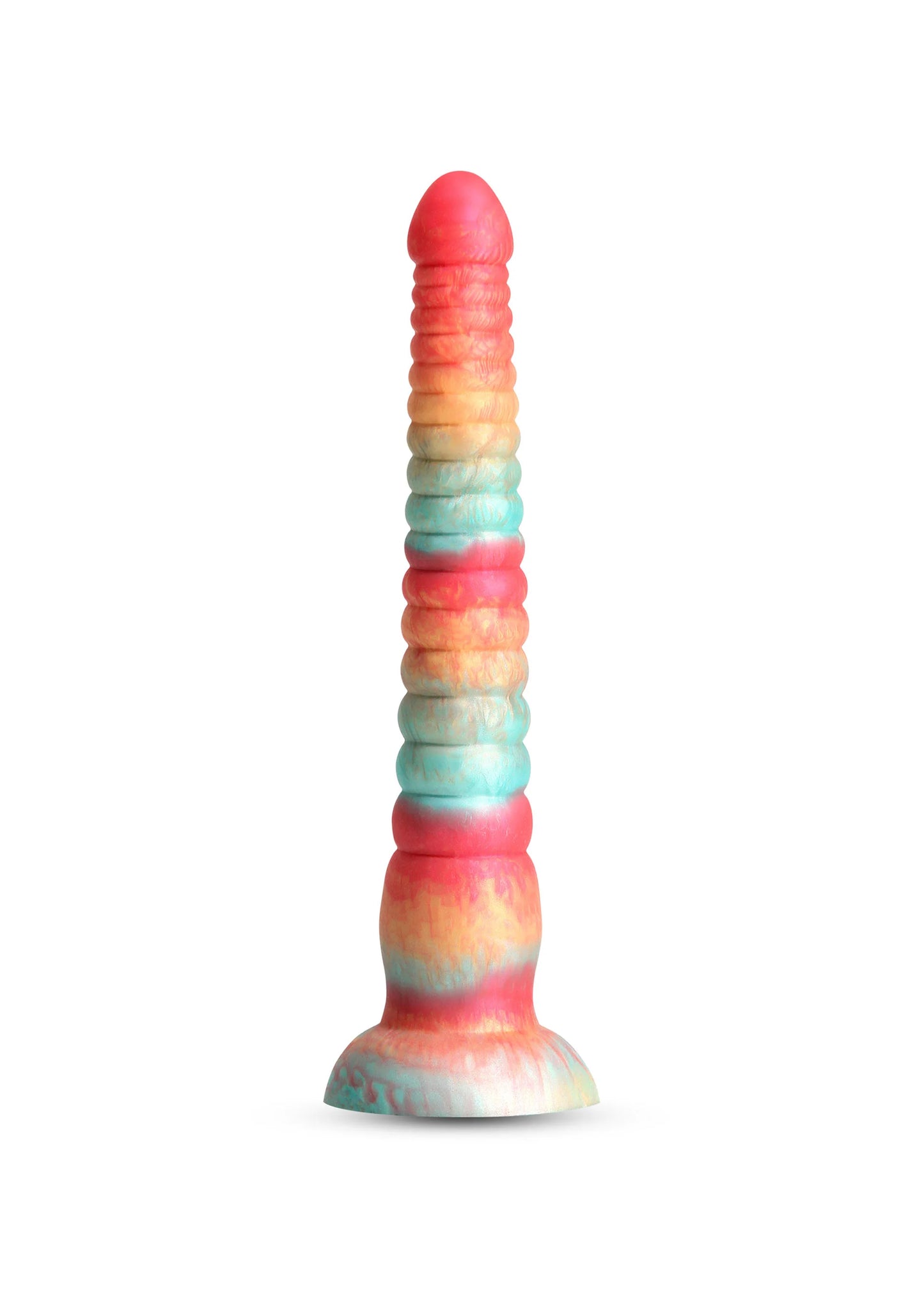 Staande gekleurde dildo met ribbels, rood, blauw, geel en groene tinten