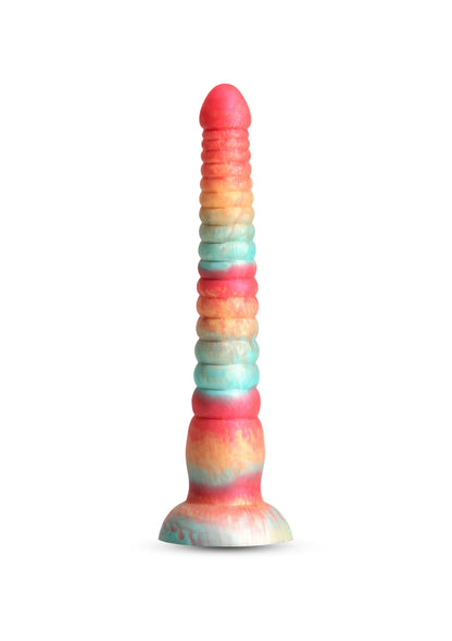 Staande gekleurde dildo met ribbels, rood, blauw, geel en groene tinten