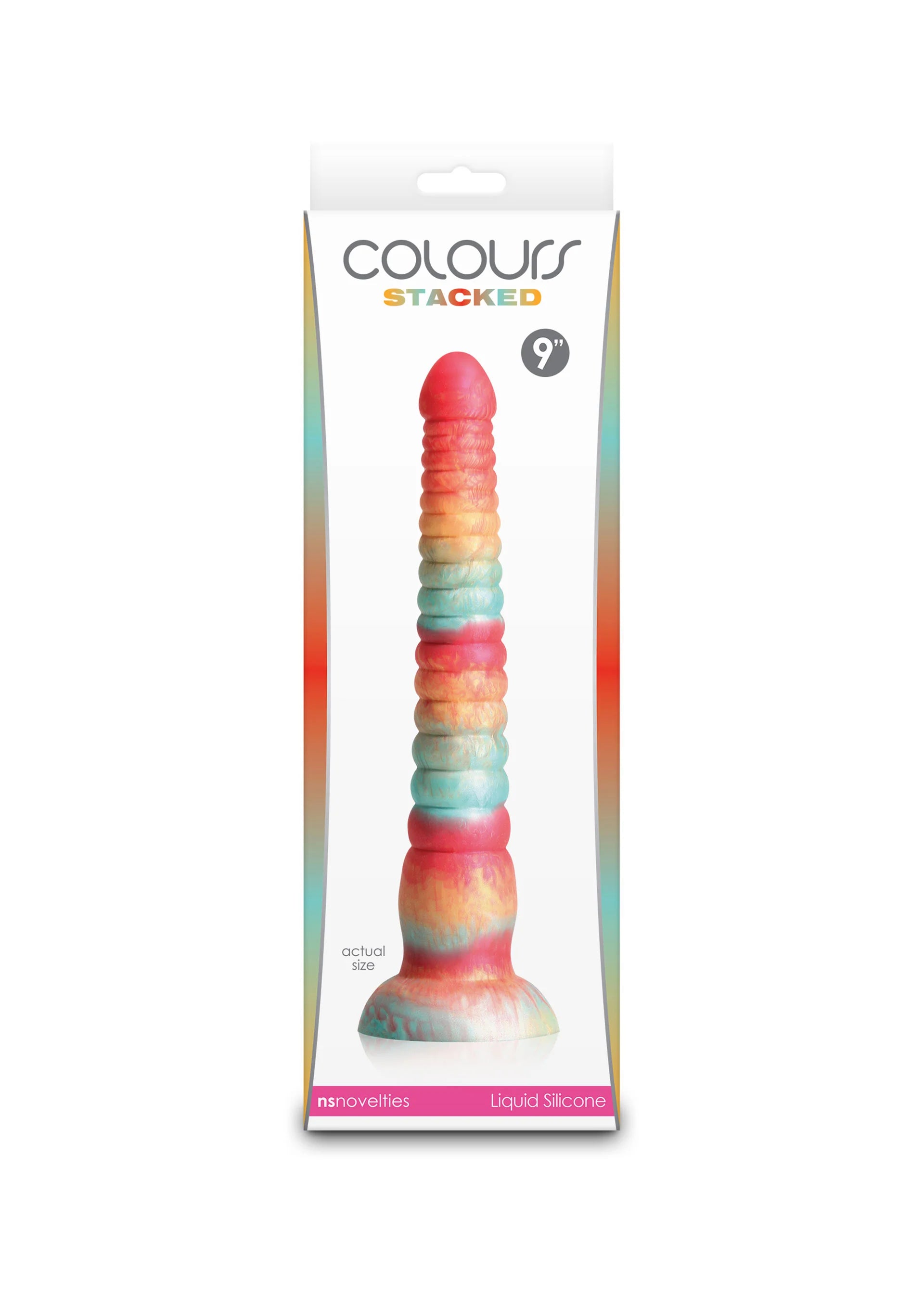 Gekleurde gestapelde dildo van vloeibare siliconen, 9 inch, in verpakking