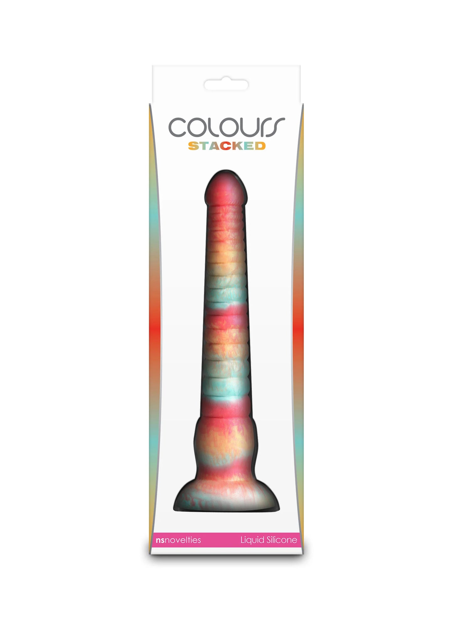 Gekleurde gestapelde dildo in verpakking, donker paars met regenboogbasis