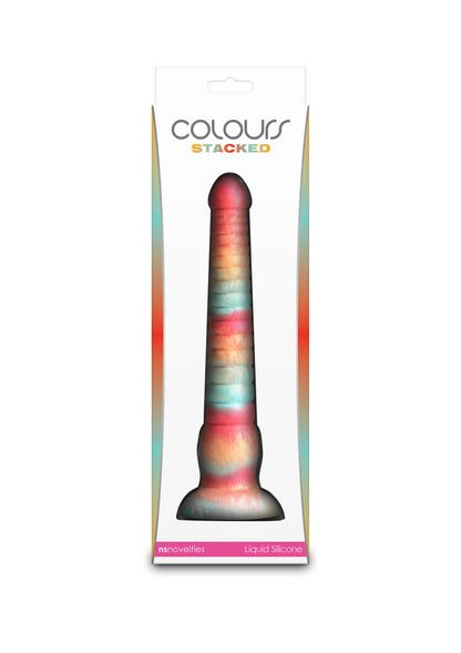 Gekleurde gestapelde dildo in verpakking, donker paars met regenboogbasis