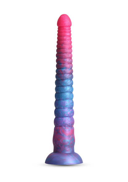 Blauwe dildo met paarse en roze tinten, geribbelde textuur en brede voet