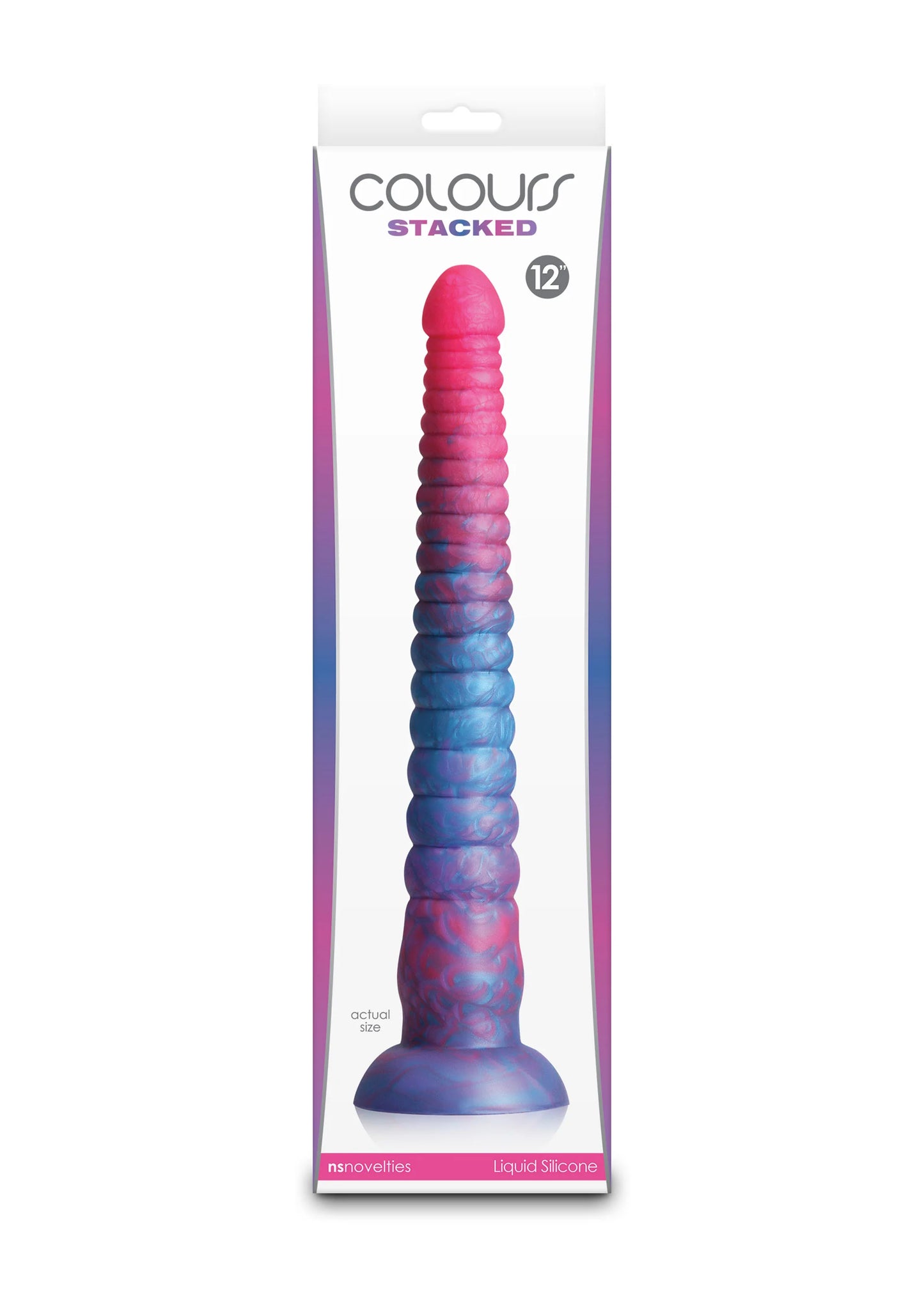 Verpakking met roze en blauwe dildo op brede sokkel, Colours Stacked