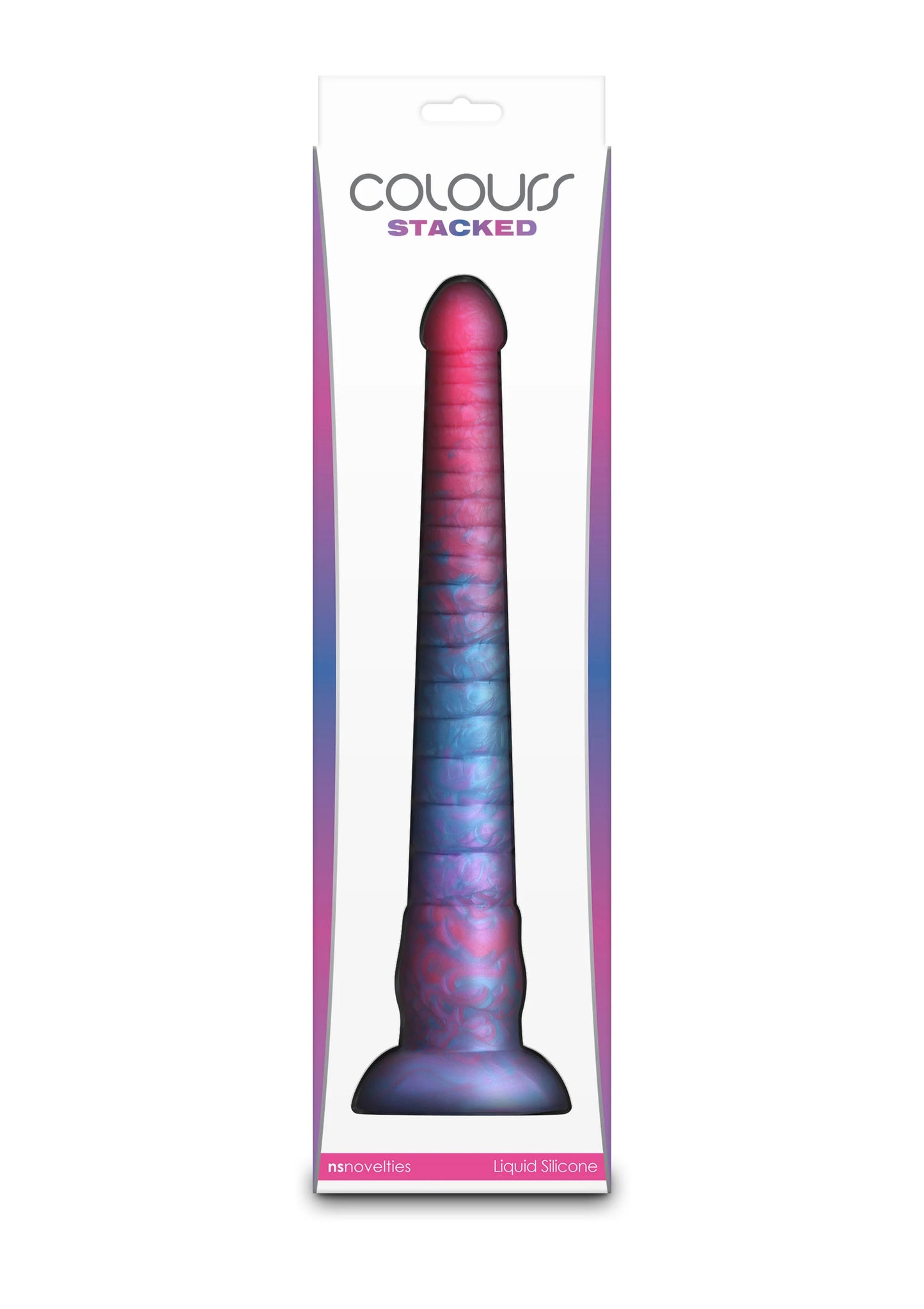 Kleurrijke dildo met opgestapelde kleuren, geribbelde schacht en brede voet