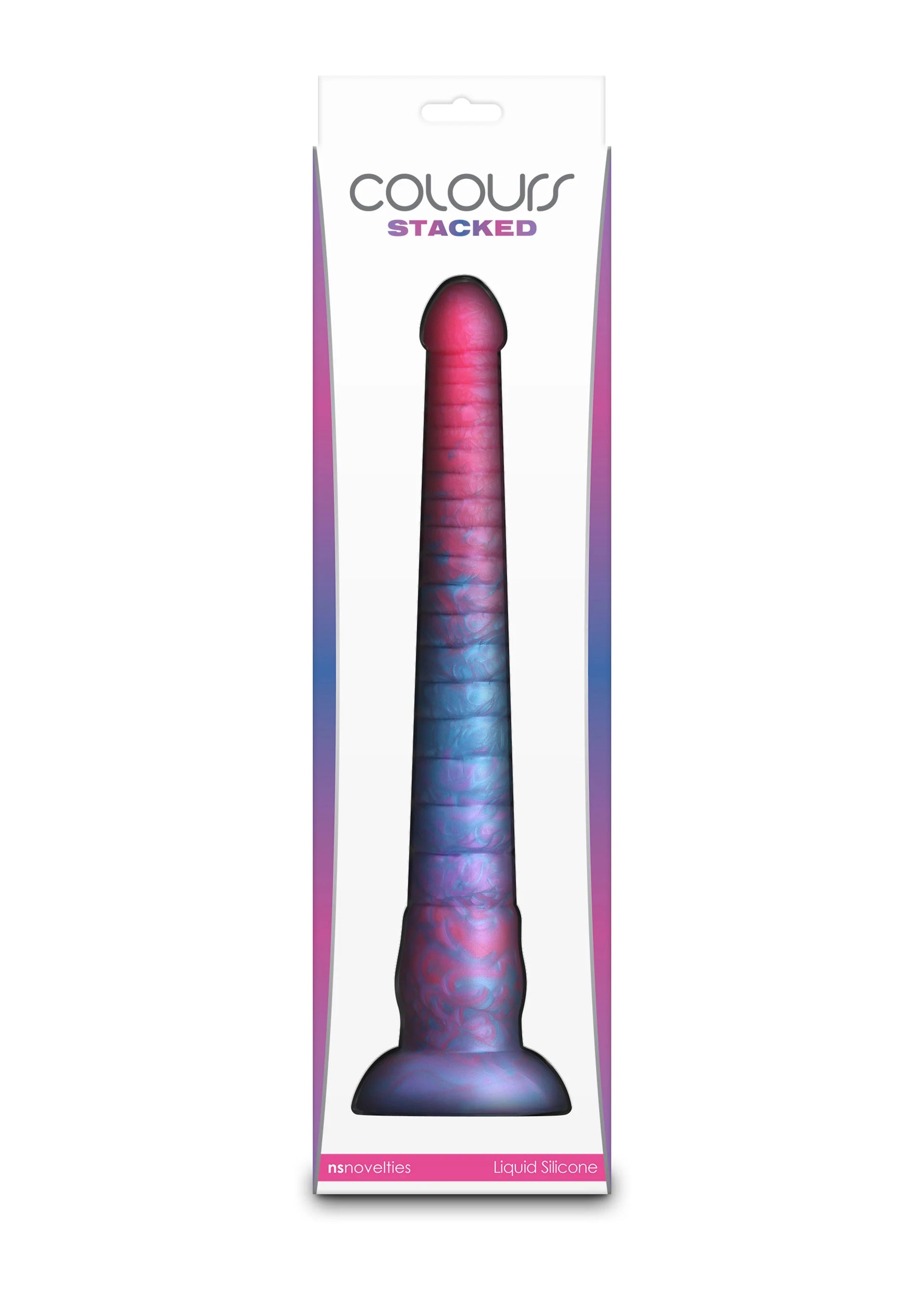Kleurrijke dildo met opgestapelde kleuren, geribbelde schacht en brede voet