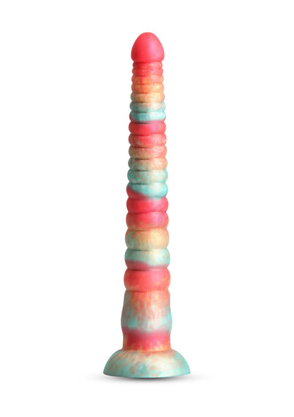 Opgestapelde kleuren dildo met geribbelde schacht, brede voet en afgeronde punt