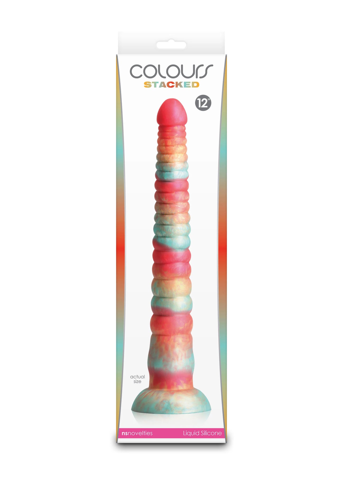 Kleurrijke dildo 12 inch met opgestapelde kleuren, geribbelde schacht en brede voet