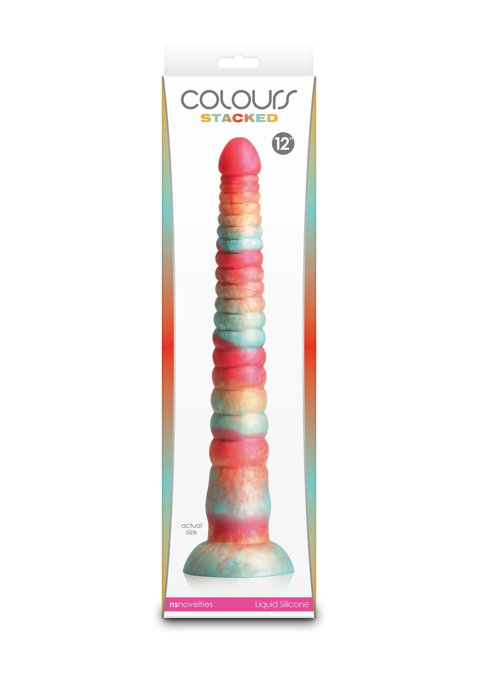 Kleurrijke dildo 12 inch met opgestapelde kleuren, geribbelde schacht en brede voet