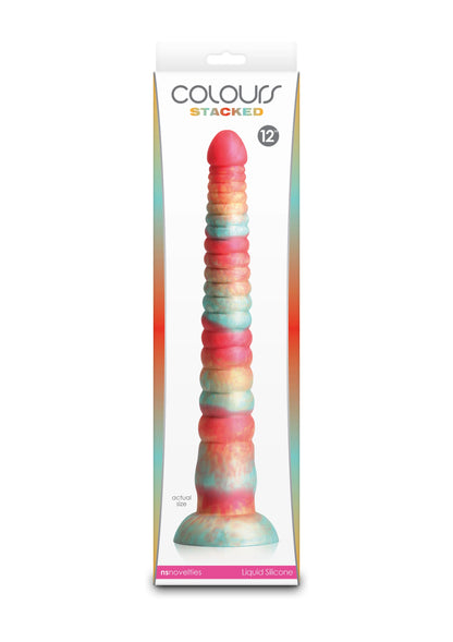 Kleurrijke dildo 12 inch met opgestapelde kleuren, geribbelde schacht en brede voet