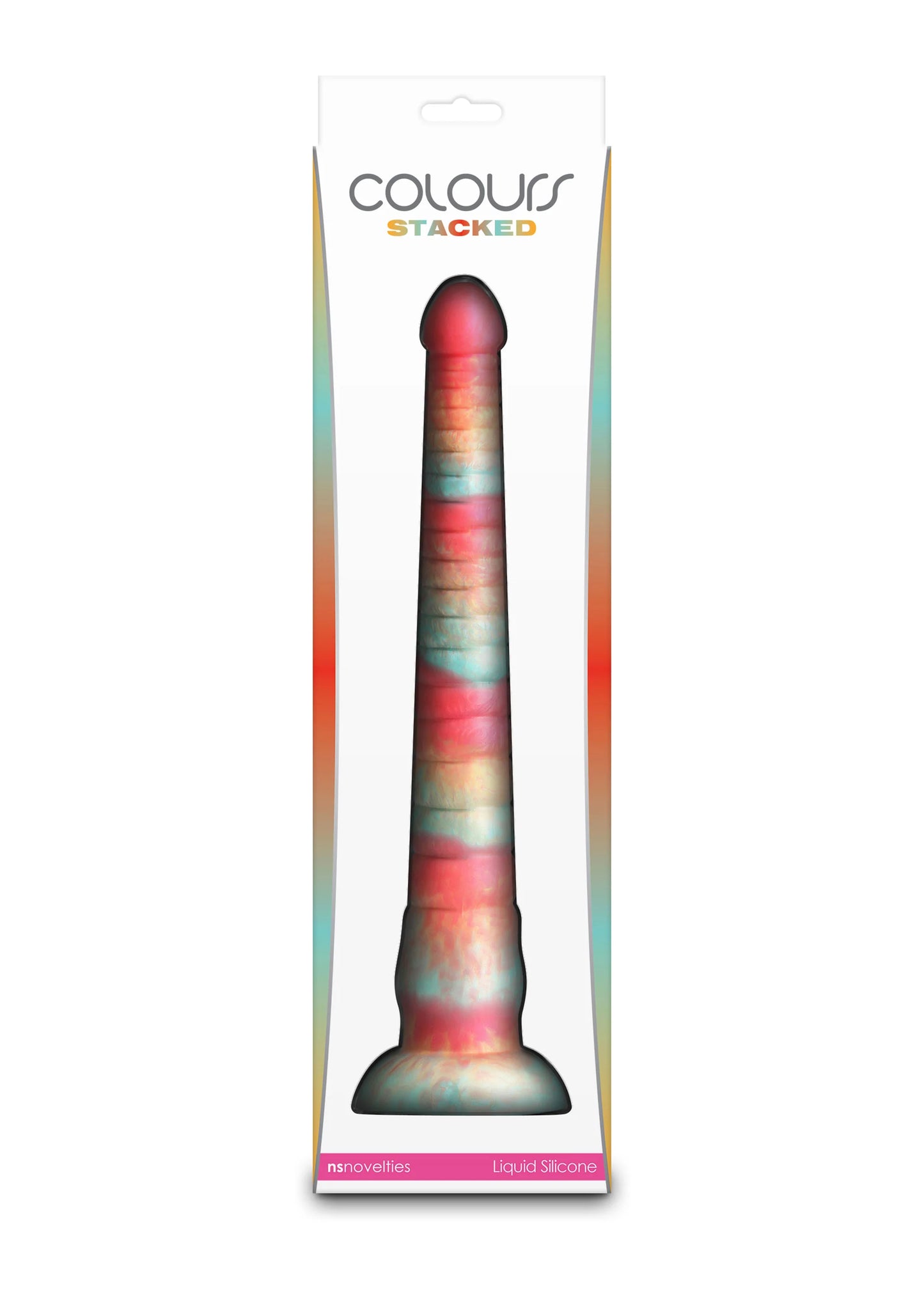 Kleurrijke dildo met opgestapelde kleuren, geribbelde schacht en brede voet met donkere top