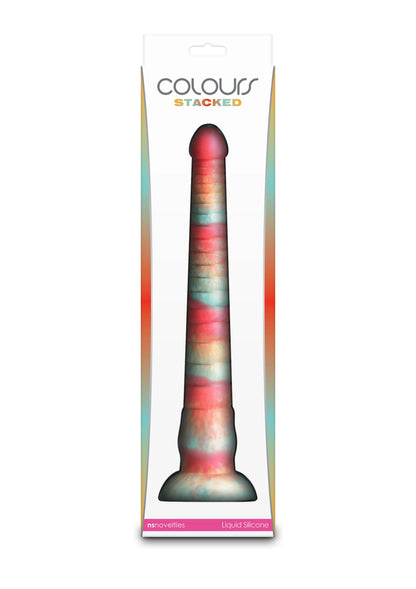 Kleurrijke dildo met opgestapelde kleuren, geribbelde schacht en brede voet met donkere top