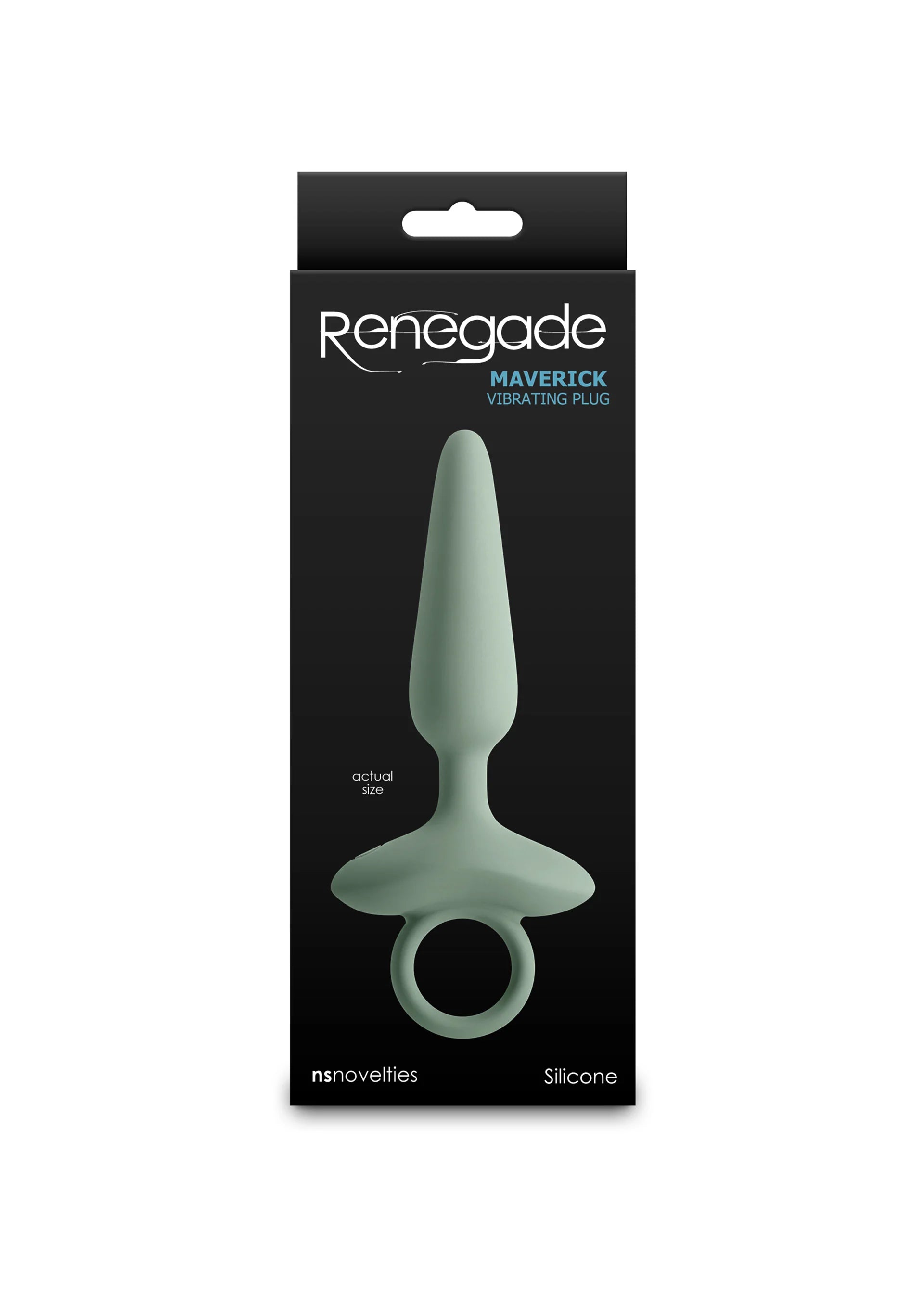 Verpakking van Renegade Maverick silikonnen anale plug in groen, met ronde ring